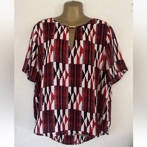MICHAEL KORS Red White Design Scoop Neck Short Sleeve Top Sz Large Zip Back